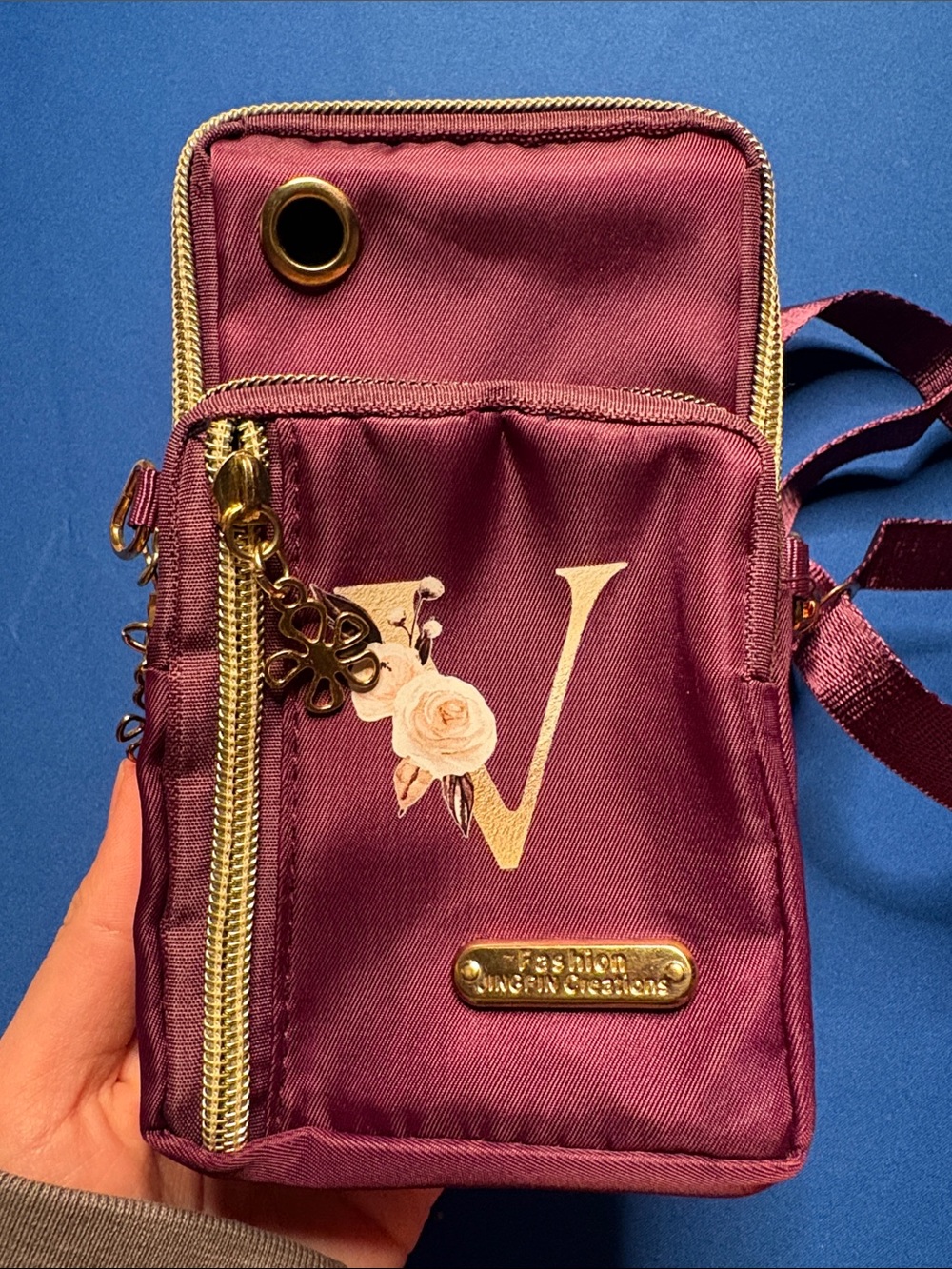 Women's Burgundy Crossbody Bag with Gold V Accent